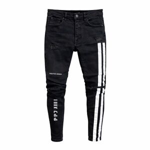 Huakaishijie Men’s Slim Fit Ripped Skinny Jeans Side Denim Black Stretch 33x28